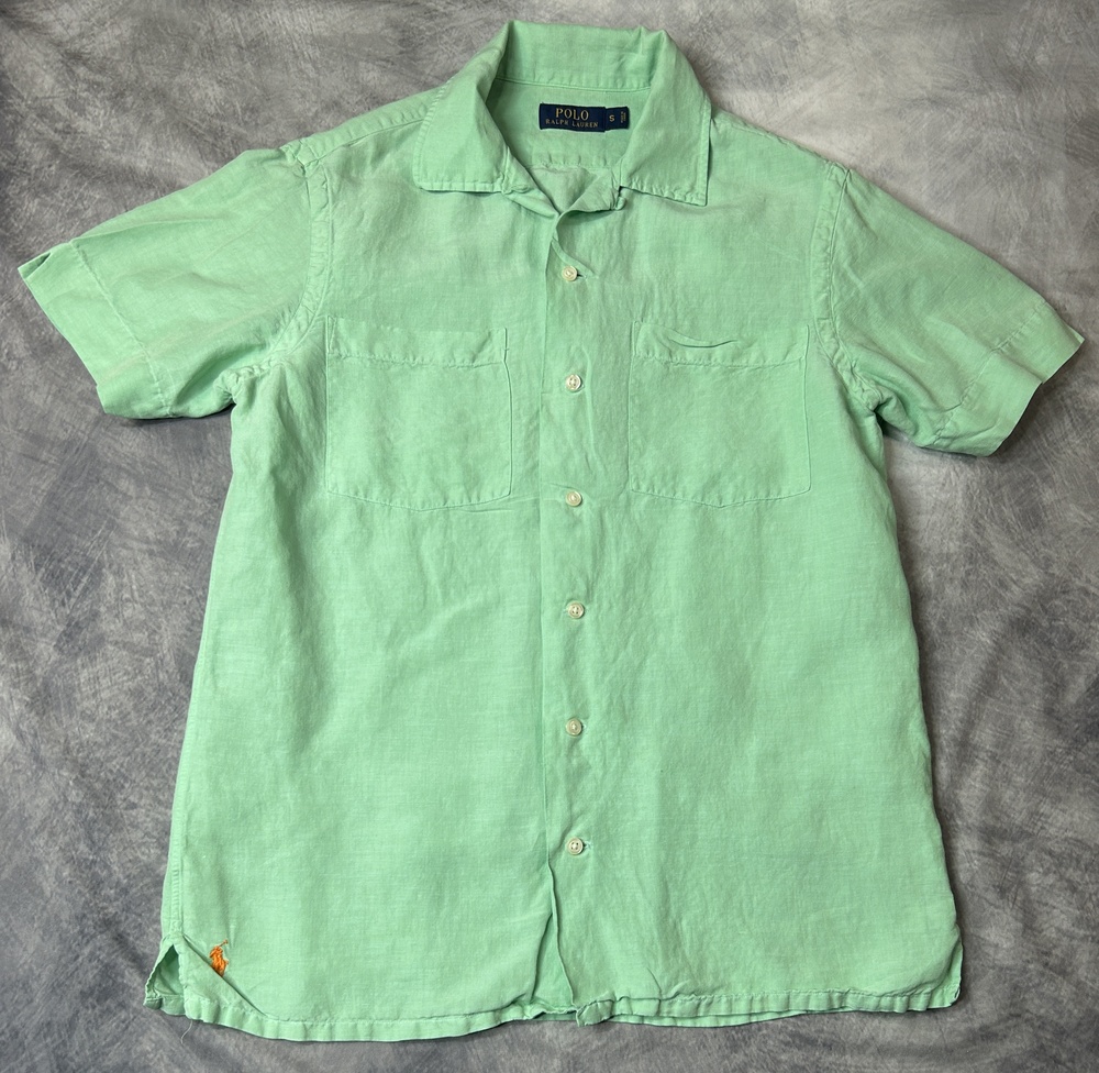 Polo Ralph Lauren Shirt Mens Small Green Linen Silk Short Sleeve Button Front